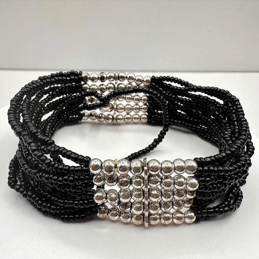 Vintage Y2K Black Beaded Multi-Strand Bracelet Silver‎ Tone Statement Jewelry